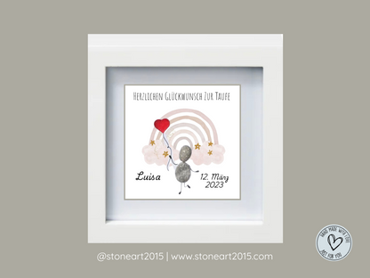 Handgemachtes Steinbild zur Taufe mit rosa Regenbogen und Spruch Herzlichen Glückwunsch zur Taufe – Geschenk für Mädchen