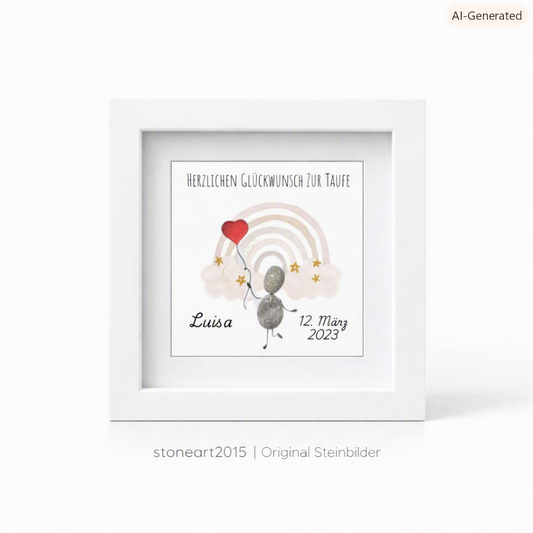 Handgemachtes Steinbild zur Taufe mit rosa Regenbogen und Schriftzug Herzlichen Glückwunsch zur Taufe – Geschenk für Mädchen