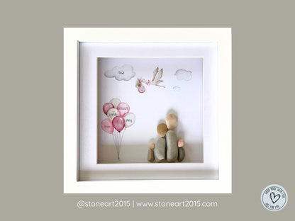 Handgemachtes Steinbild zur Geburt mit Storch-Motiv – liebevolles Geschenk zur Geburt eines Babys