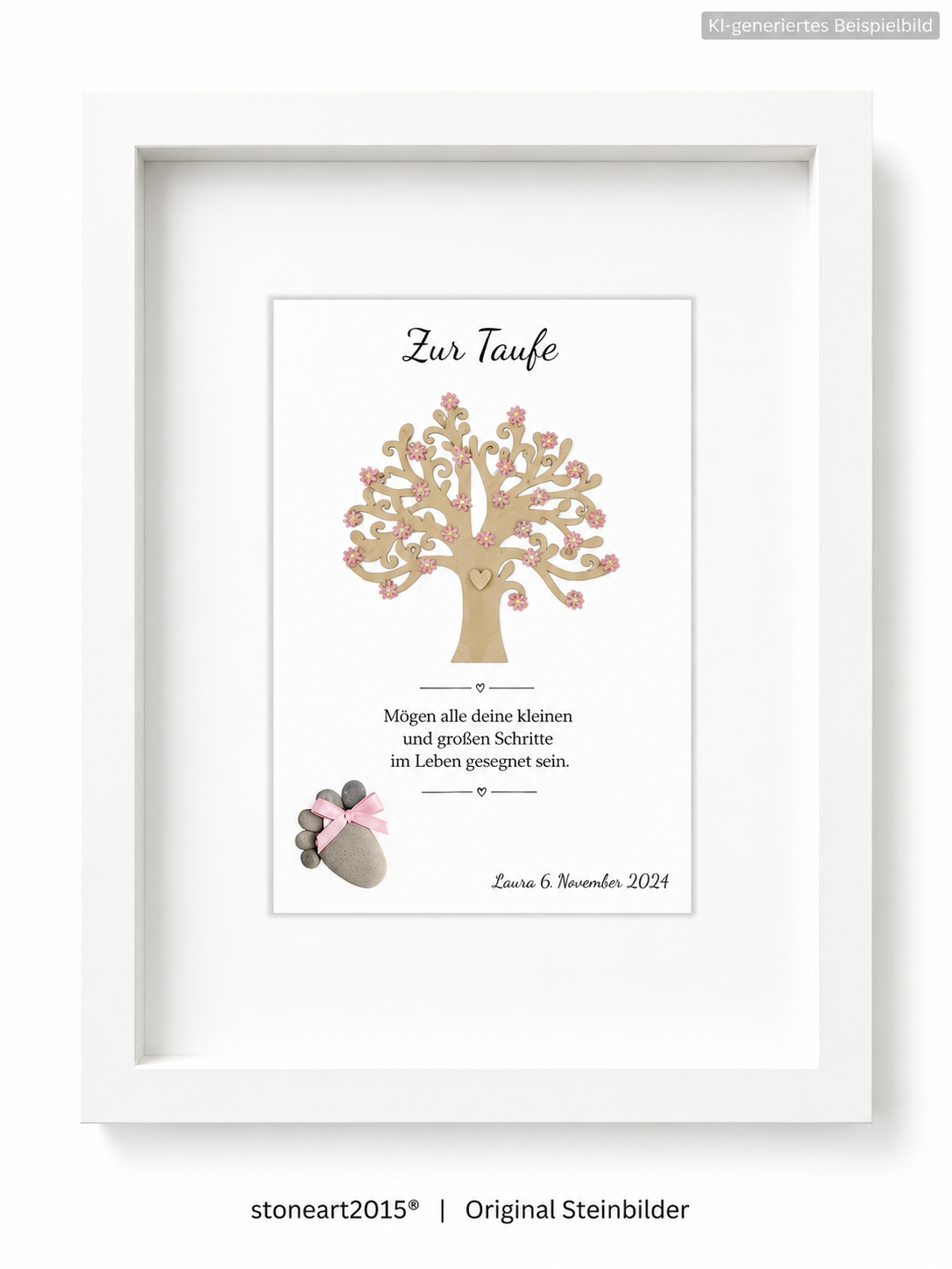 Handgemachtes Steinbild zur Taufe für Mädchen – Lebensbaum rosa, Kieselstein und Taufspruch, personalisiert mit Name und Datum