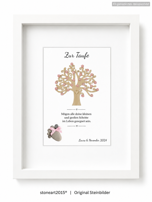 Handgemachtes Steinbild zur Taufe für Mädchen – Lebensbaum rosa, Kieselstein und Taufspruch, personalisiert mit Name und Datum