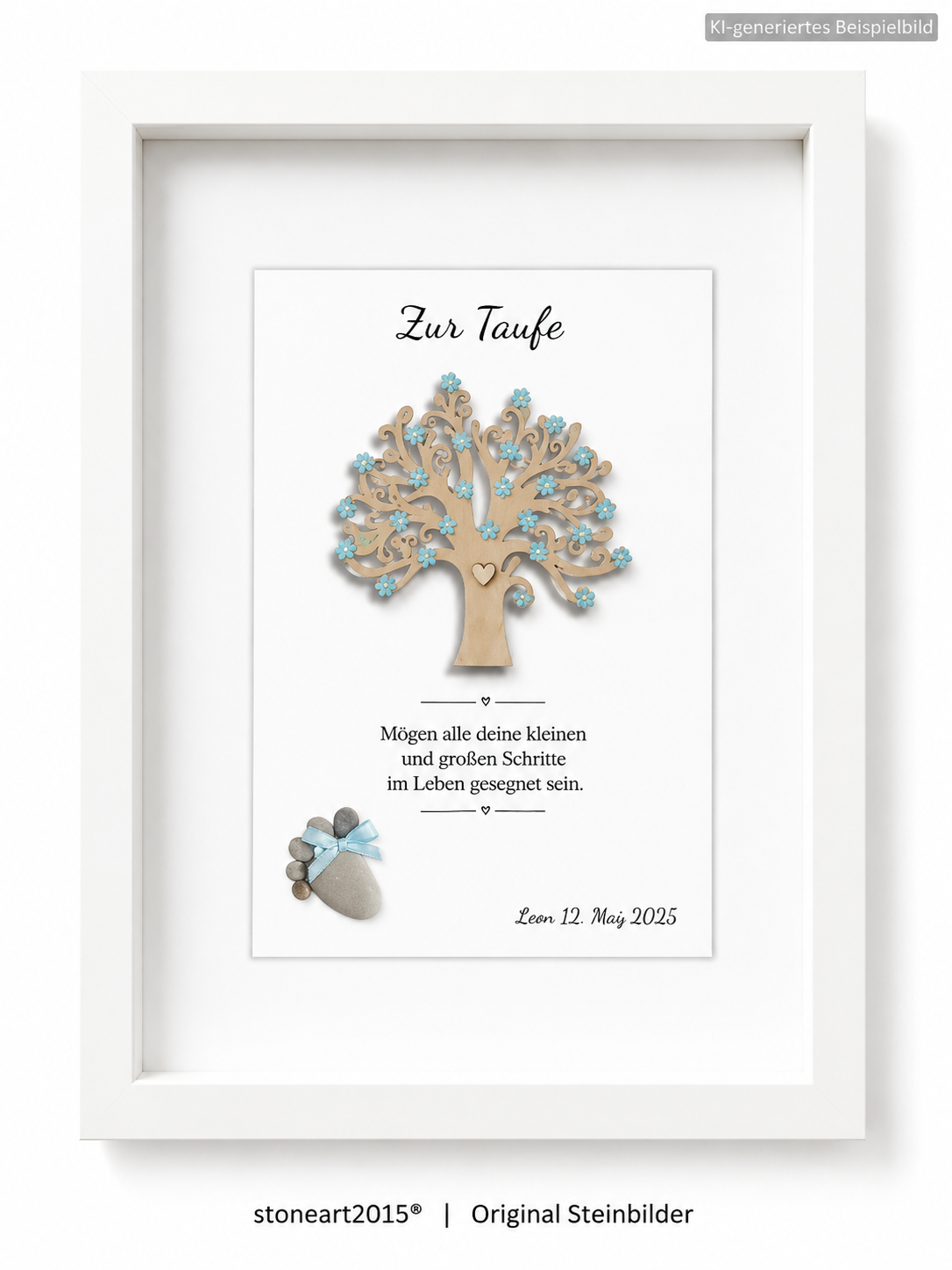 Handgemachtes Steinbild zur Taufe für Jungen – Lebensbaum blau, Kieselstein und Taufspruch, personalisiert mit Name und Datum