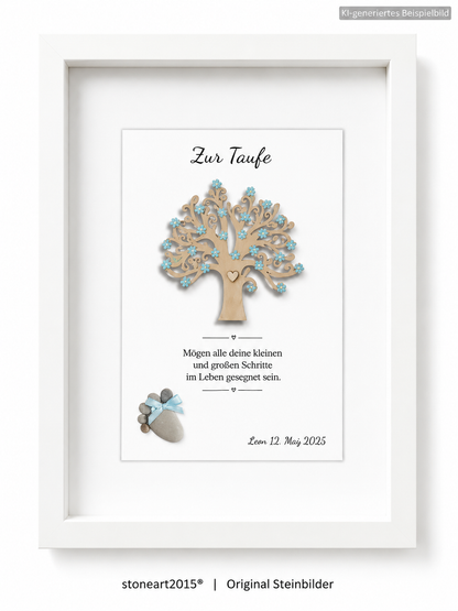 Handgemachtes Steinbild zur Taufe für Jungen – Lebensbaum blau, Kieselstein und Taufspruch, personalisiert mit Name und Datum