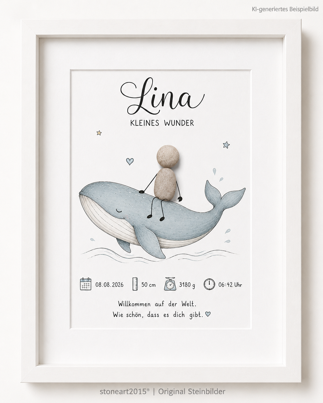 Kieselsteinbild Kleines Wunder Wal, Geschenk zur Geburt, handgemachtes Steinbild