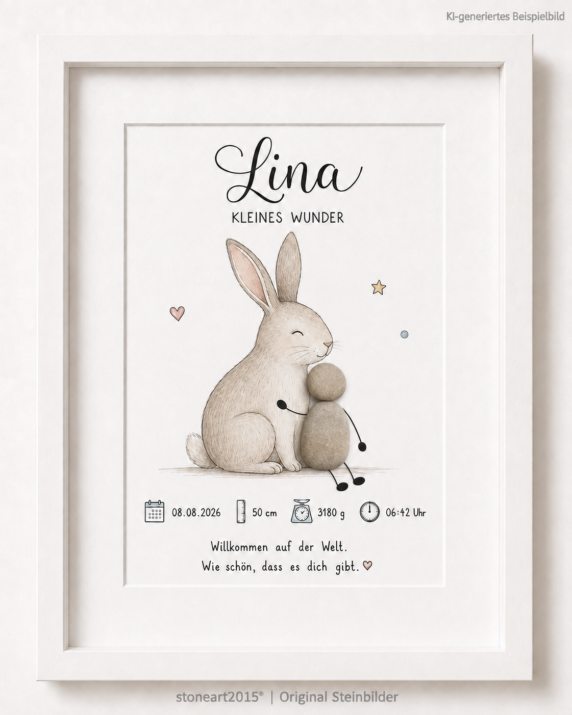 Kieselsteinbild Kleines Wunder Hase, Geschenk zur Geburt, handgemachtes Steinbild