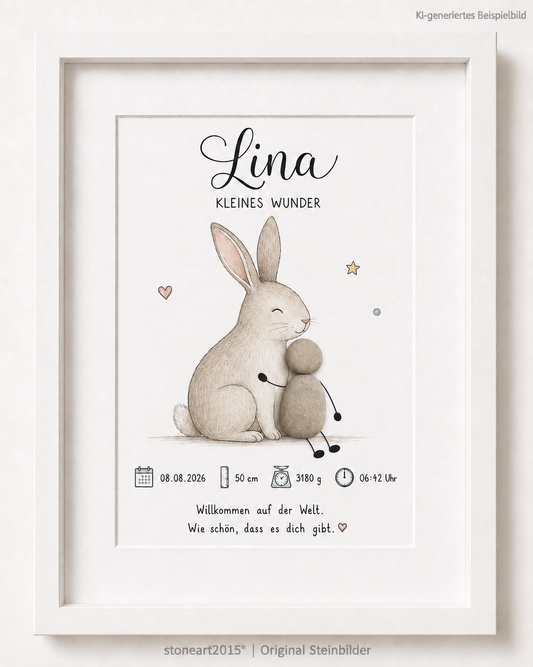 Kieselsteinbild Kleines Wunder Hase, Geschenk zur Geburt, handgemachtes Steinbild