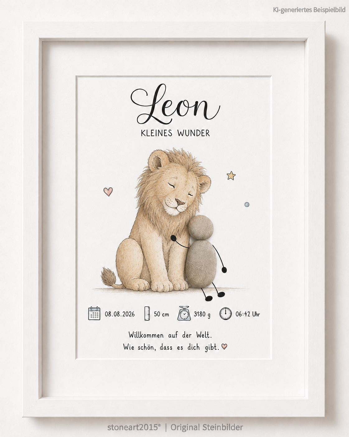 Kieselsteinbild Kleines Wunder Löwe, Geschenk zur Geburt, handgemachtes Steinbild