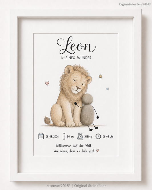 Kieselsteinbild Kleines Wunder Löwe, Geschenk zur Geburt, handgemachtes Steinbild