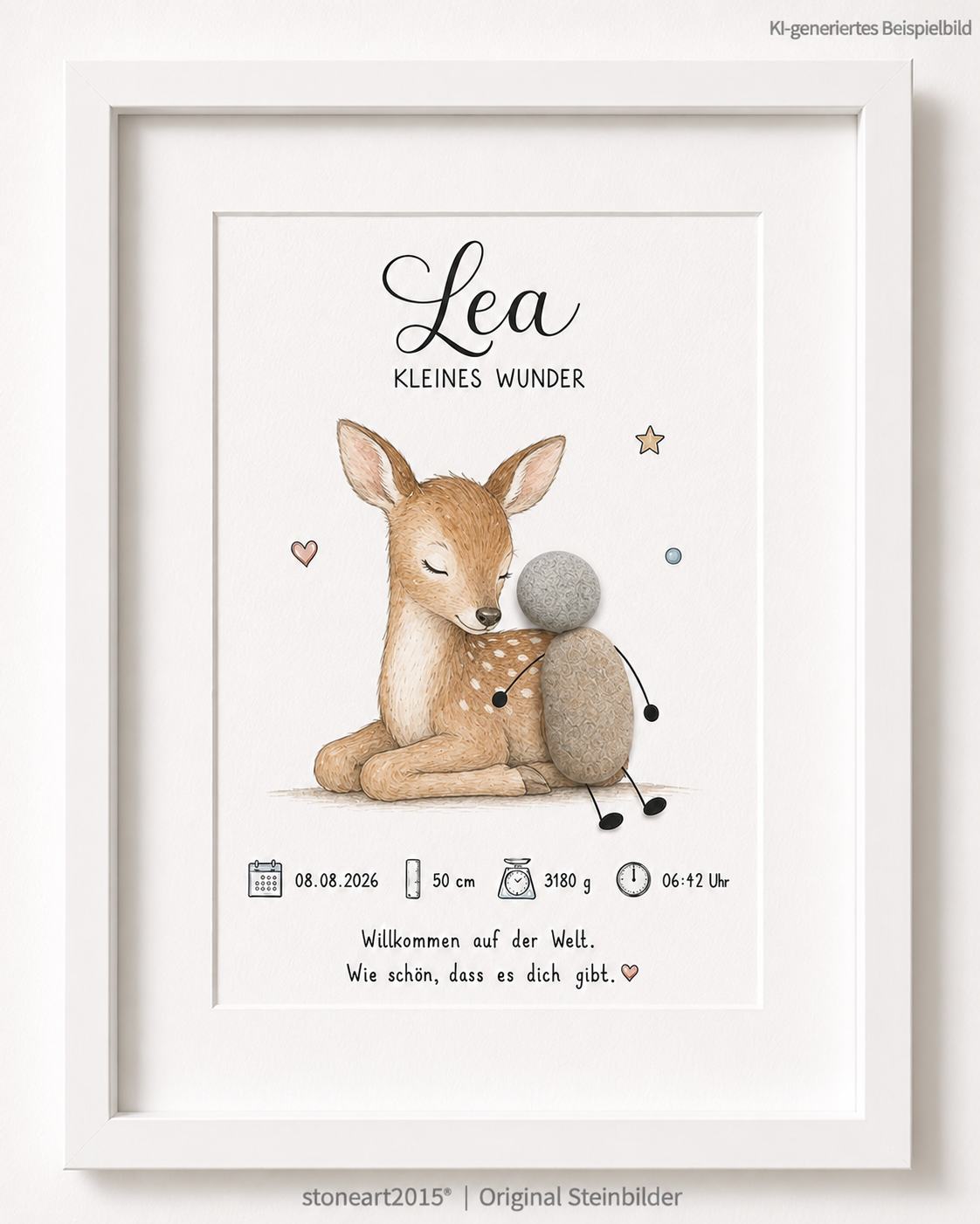 Kieselsteinbild Kleines Wunder Reh, Geschenk zur Geburt, handgemachtes Steinbild