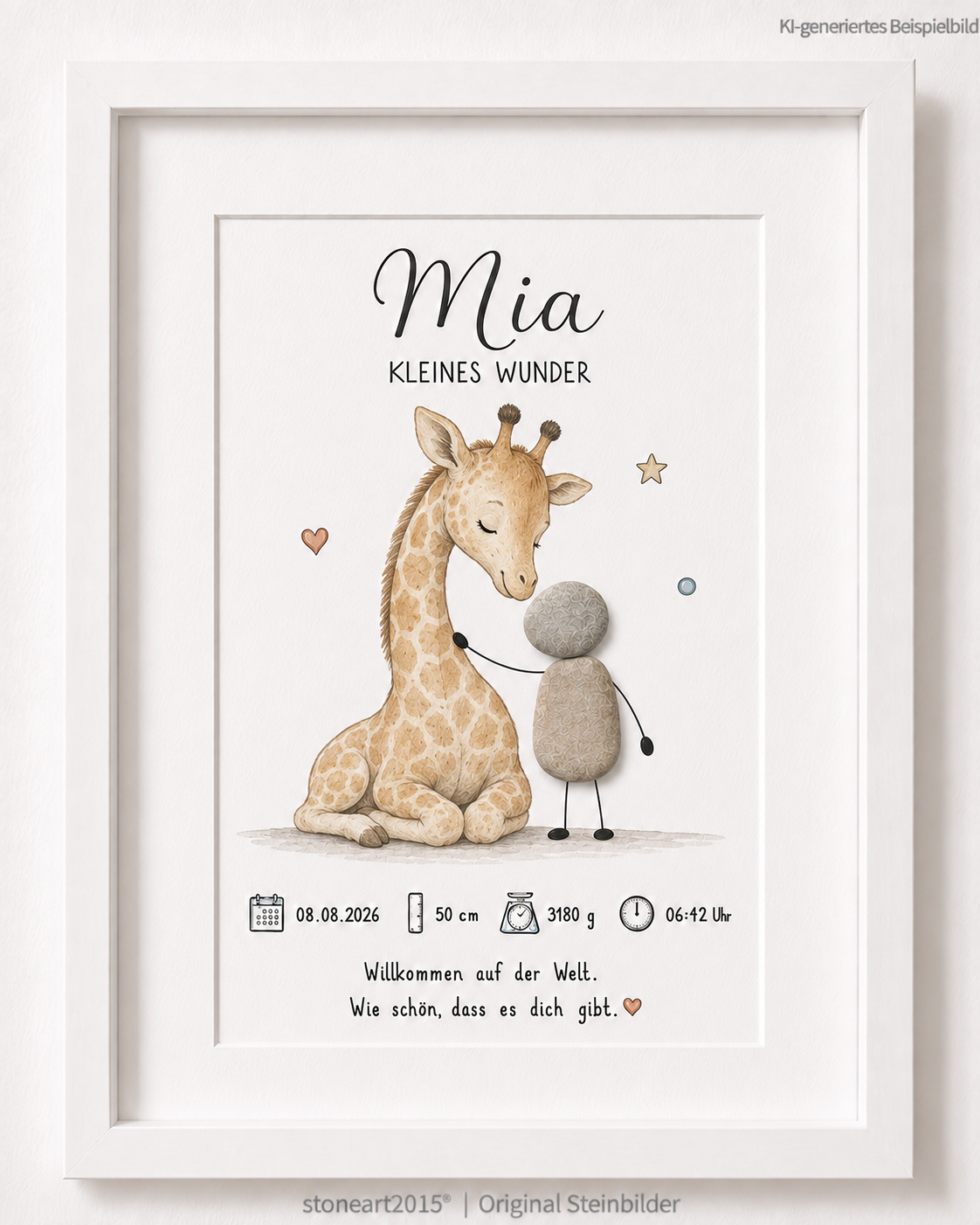 Kieselsteinbild Kleines Wunder Giraffe, Geschenk zur Geburt, handgemachtes Steinbild
