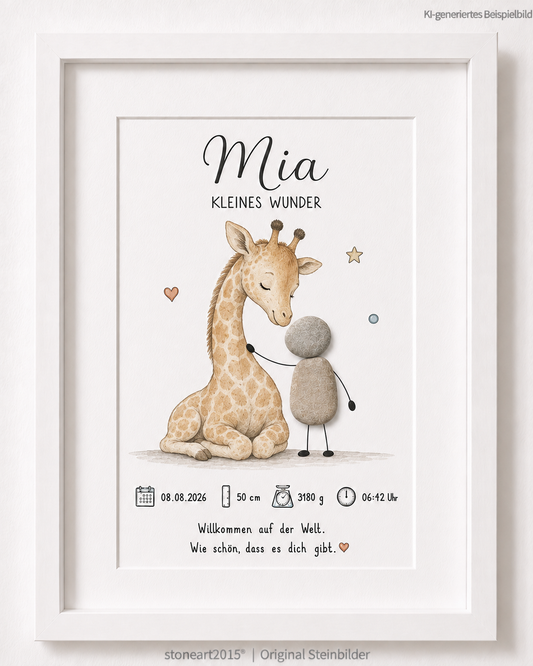 Kieselsteinbild Kleines Wunder Giraffe, Geschenk zur Geburt, handgemachtes Steinbild