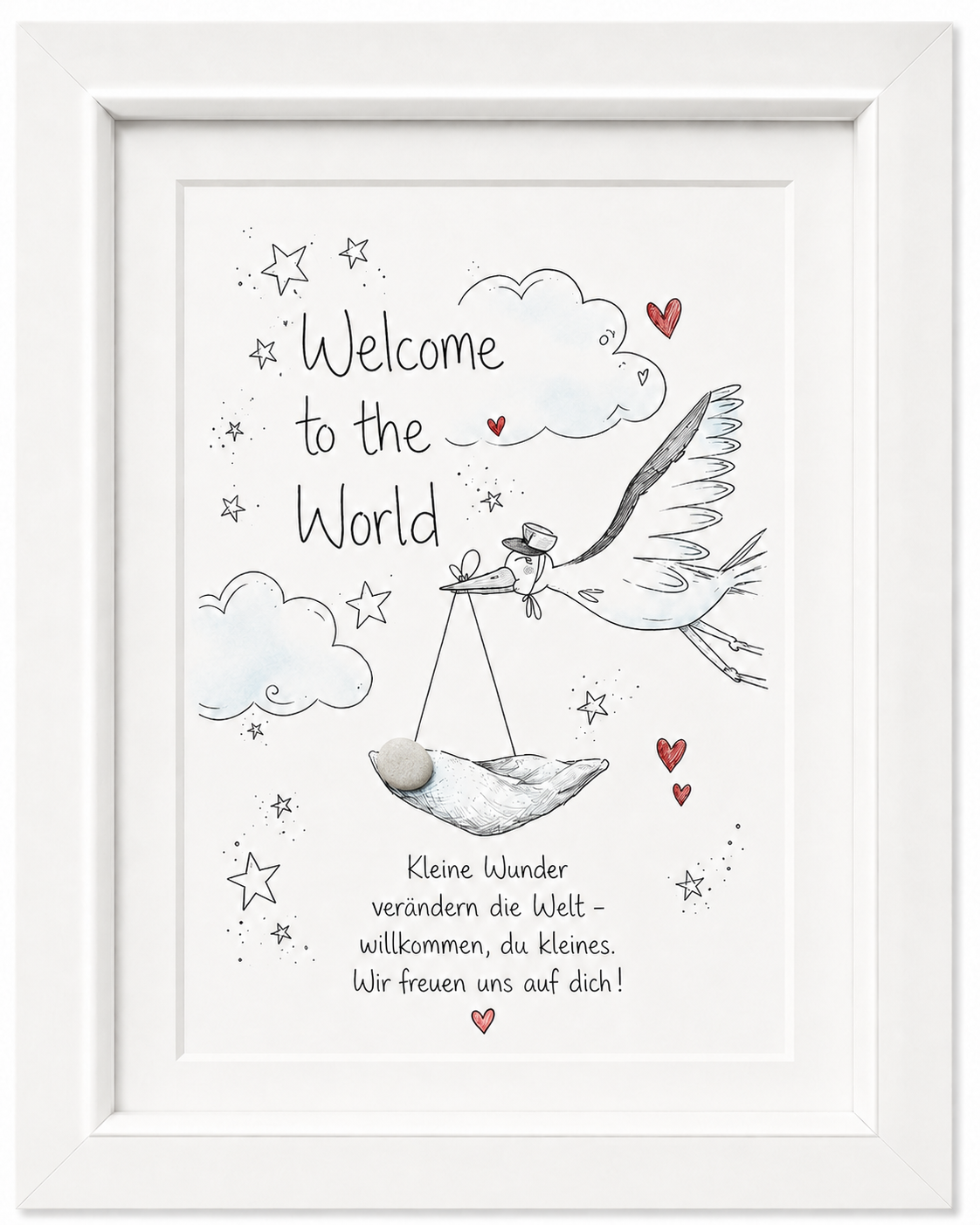 Kieselsteinbild Welcome to the World Storch, Geschenk zur Geburt, handgemachtes Steinbild