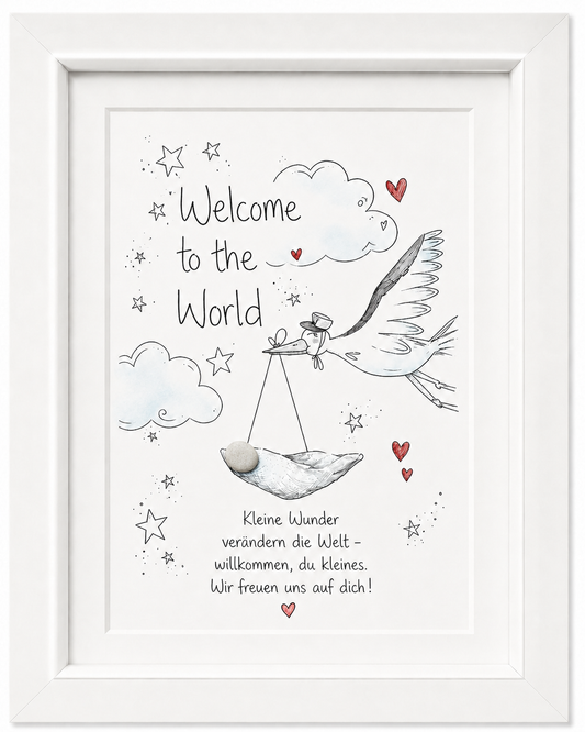 Kieselsteinbild Welcome to the World Storch, Geschenk zur Geburt, handgemachtes Steinbild