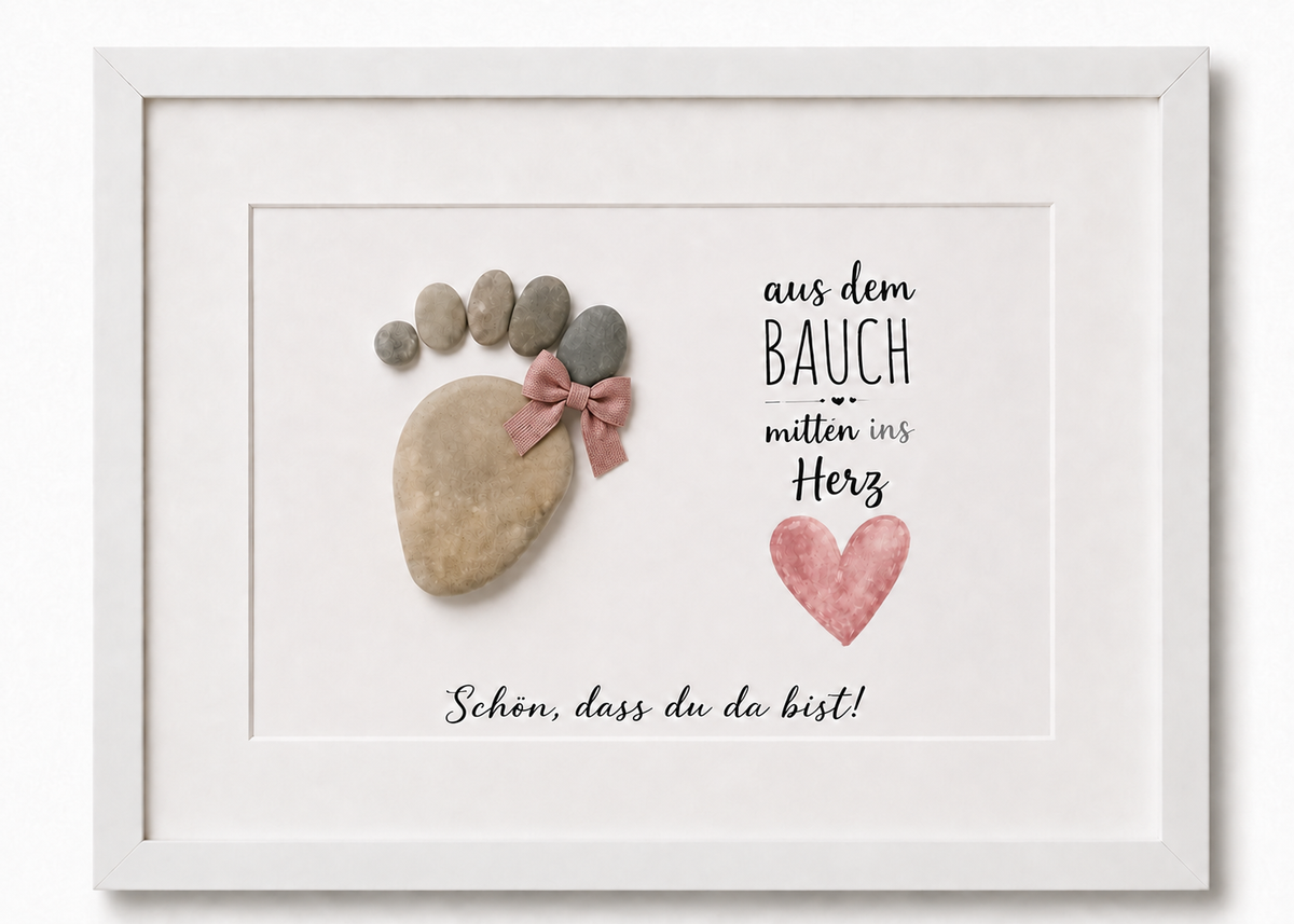 Kieselsteinbild Aus dem Bauch mitten ins Herz – Geschenk zur Geburt, handgemachtes Steinbild