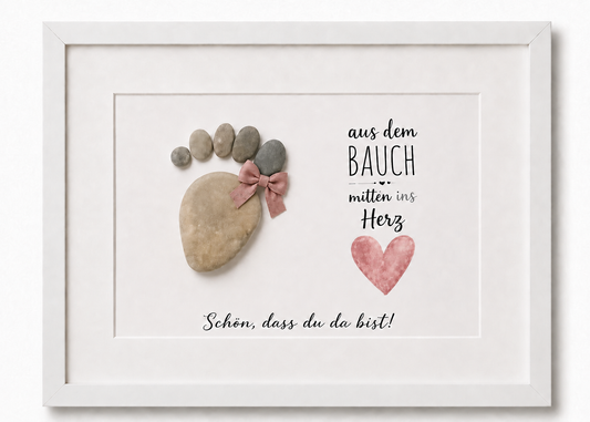 Kieselsteinbild Aus dem Bauch mitten ins Herz – Geschenk zur Geburt, handgemachtes Steinbild