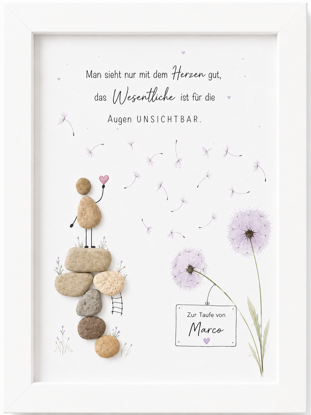 Kieselsteinbild Man sieht nur mit dem Herzen gut – Geschenk zur Taufe, handgemachtes Steinbild