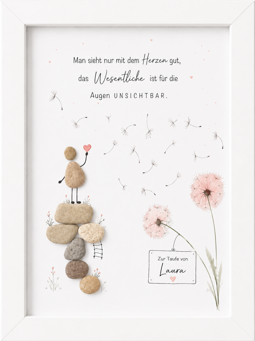 Kieselsteinbild Man sieht nur mit dem Herzen gut – Geschenk zur Taufe, handgemachtes Steinbild