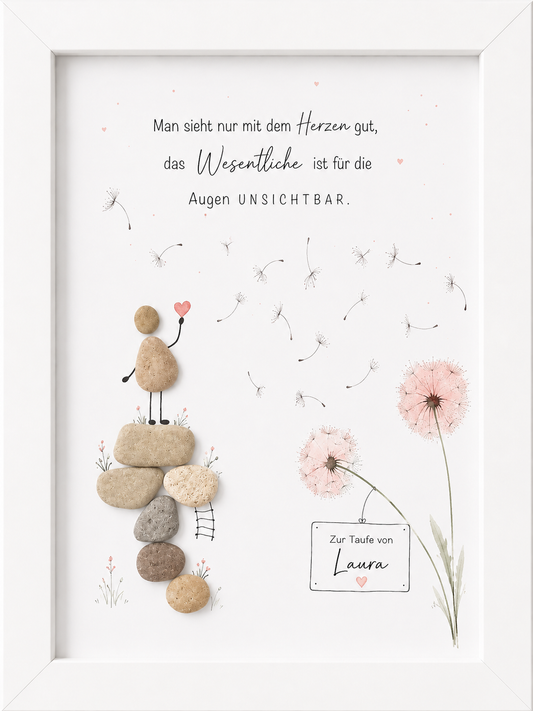 Kieselsteinbild Man sieht nur mit dem Herzen gut – Geschenk zur Taufe, handgemachtes Steinbild