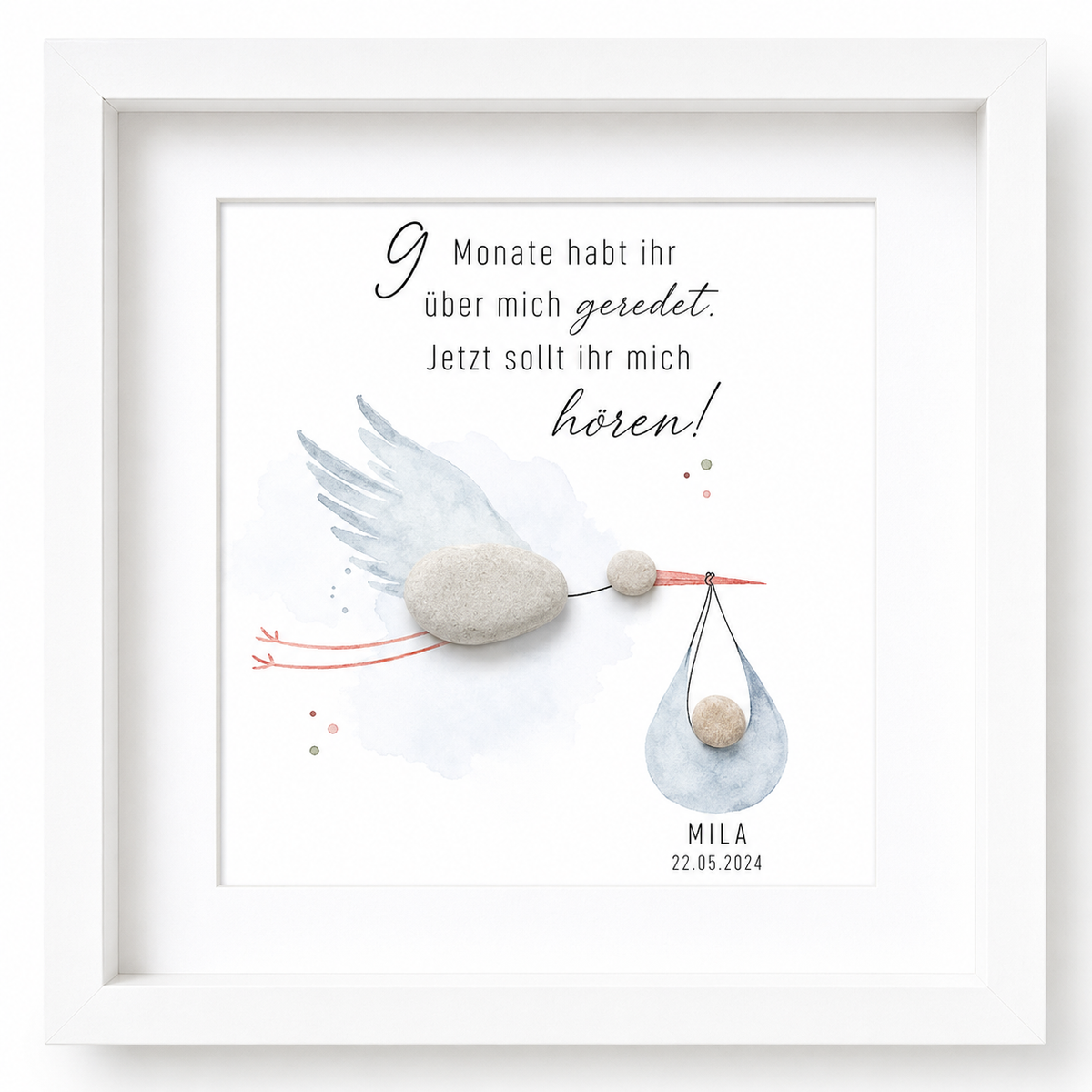 Kieselsteinbild 9 Monate habt ihr über mich geredet, jetzt sollt ihr mich hören – Geschenk zur Geburt, handgemachtes Steinbild