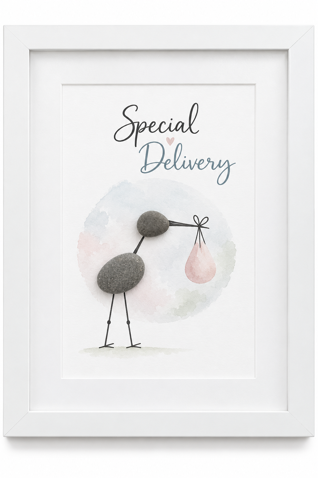 Kieselsteinbild Special Delivery Storch – Geschenk zur Geburt, handgemachtes Steinbild