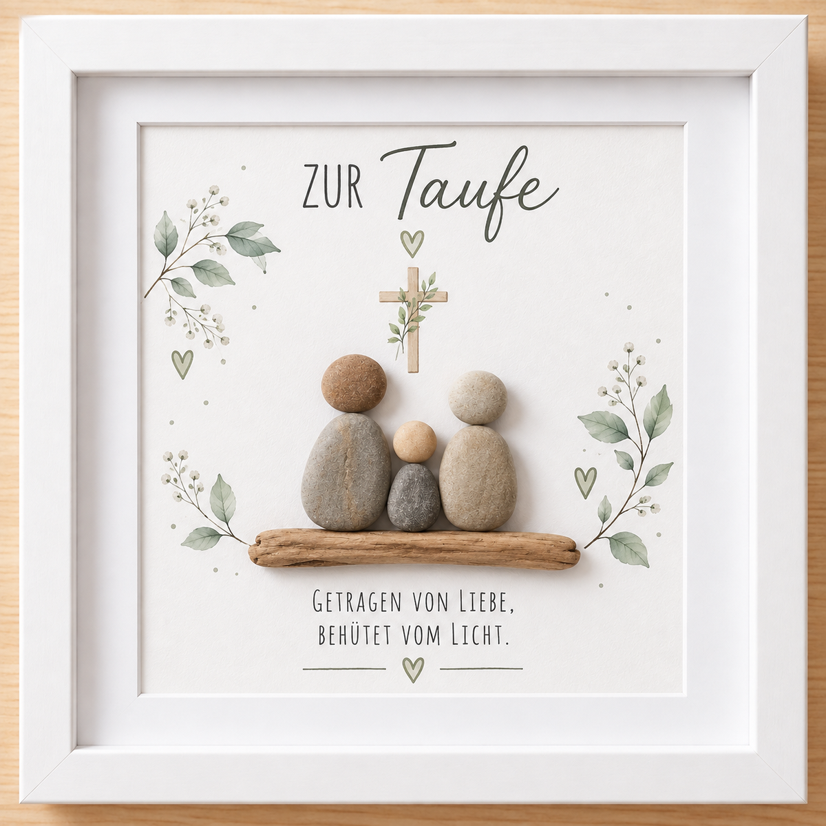 Kieselsteinbild Zur Taufe, getragen von Liebe, behütet vom Licht – Geschenk zur Taufe, handgemachtes Steinbild