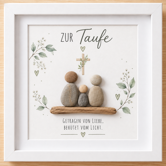 Kieselsteinbild Zur Taufe, getragen von Liebe, behütet vom Licht – Geschenk zur Taufe, handgemachtes Steinbild