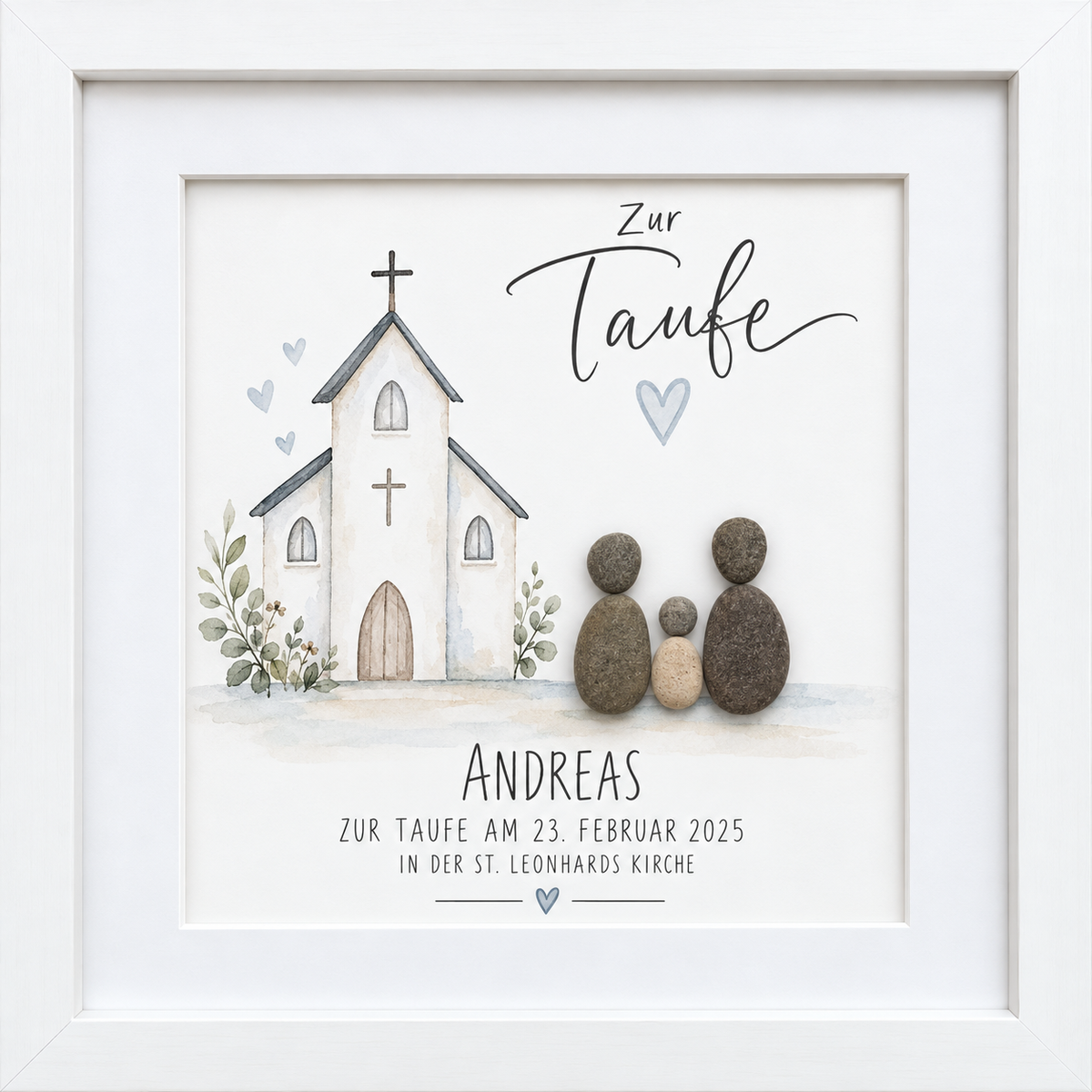 Kieselsteinbild Kirche mit Familien-Steinfiguren, personalisierbar mit Name und Taufdatum „Zur Taufe“ – personalisierbares Taufgeschenk, handgemachtes Steinbild