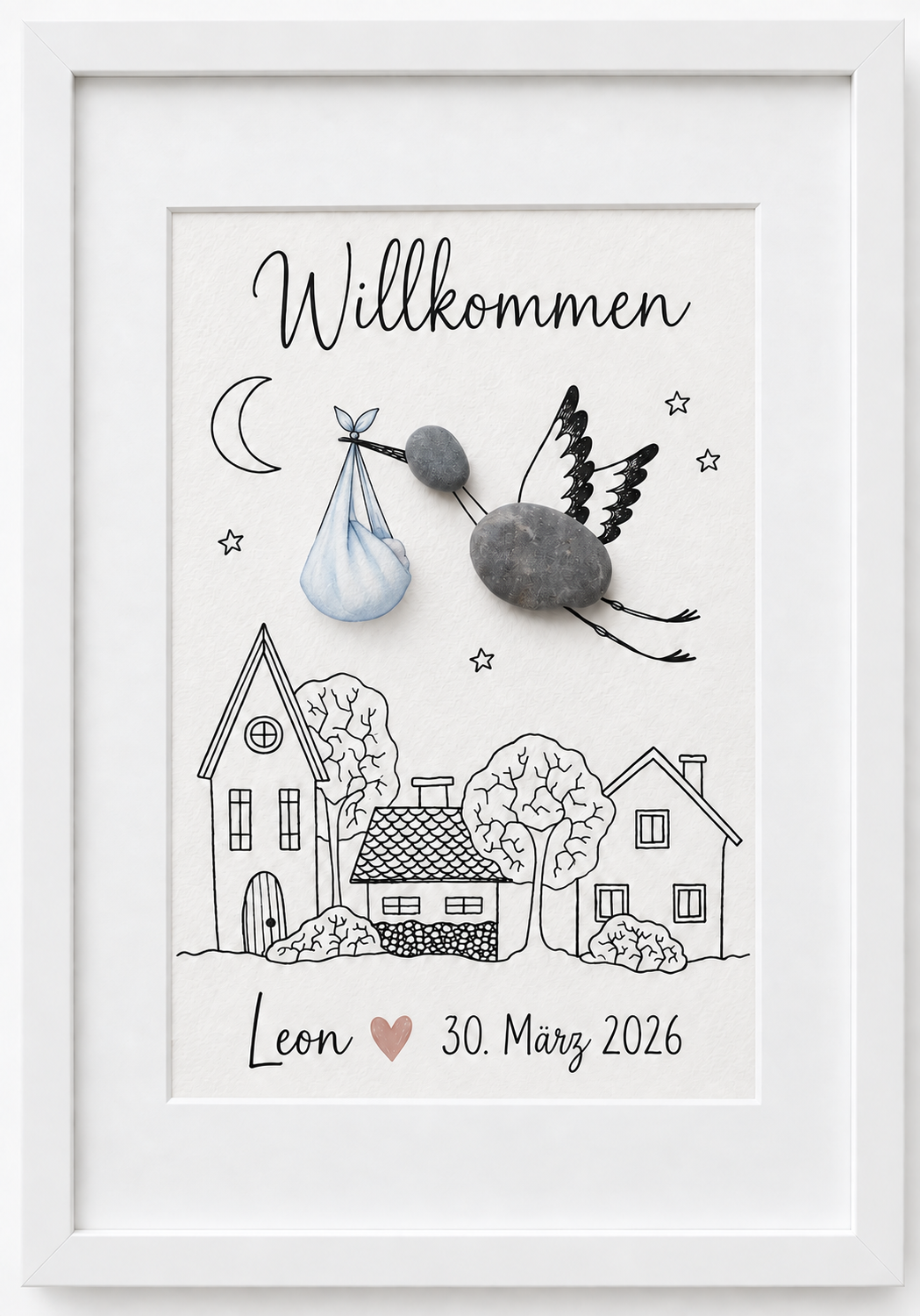 Kieselsteinbild Storch mit Wickelbündel über Dörfchen – personalisiertes Geschenk zur Geburt, handgemachtes Steinbild