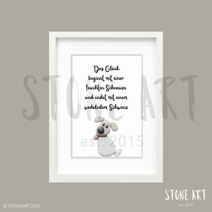 Handgemachtes Steinbild mit Hundemotiv und Spruch: Das Glück beginnt mit einer feuchten Schnauze – Geschenk für Hundefreunde“
