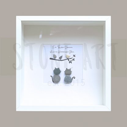 Handgefertigtes Steinbild mit dem Spruch „Ein Tag ohne Schnurren ist wie ein Himmel ohne Sterne“ – liebevolles Geschenk für Katzenfans.

