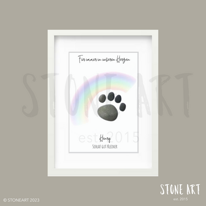 Handgemachtes Steinbild „Für immer in unseren Herzen“, ein einzigartiges Gedenkstück für Haustiere, das als Erinnerung für geliebte Tiere dient