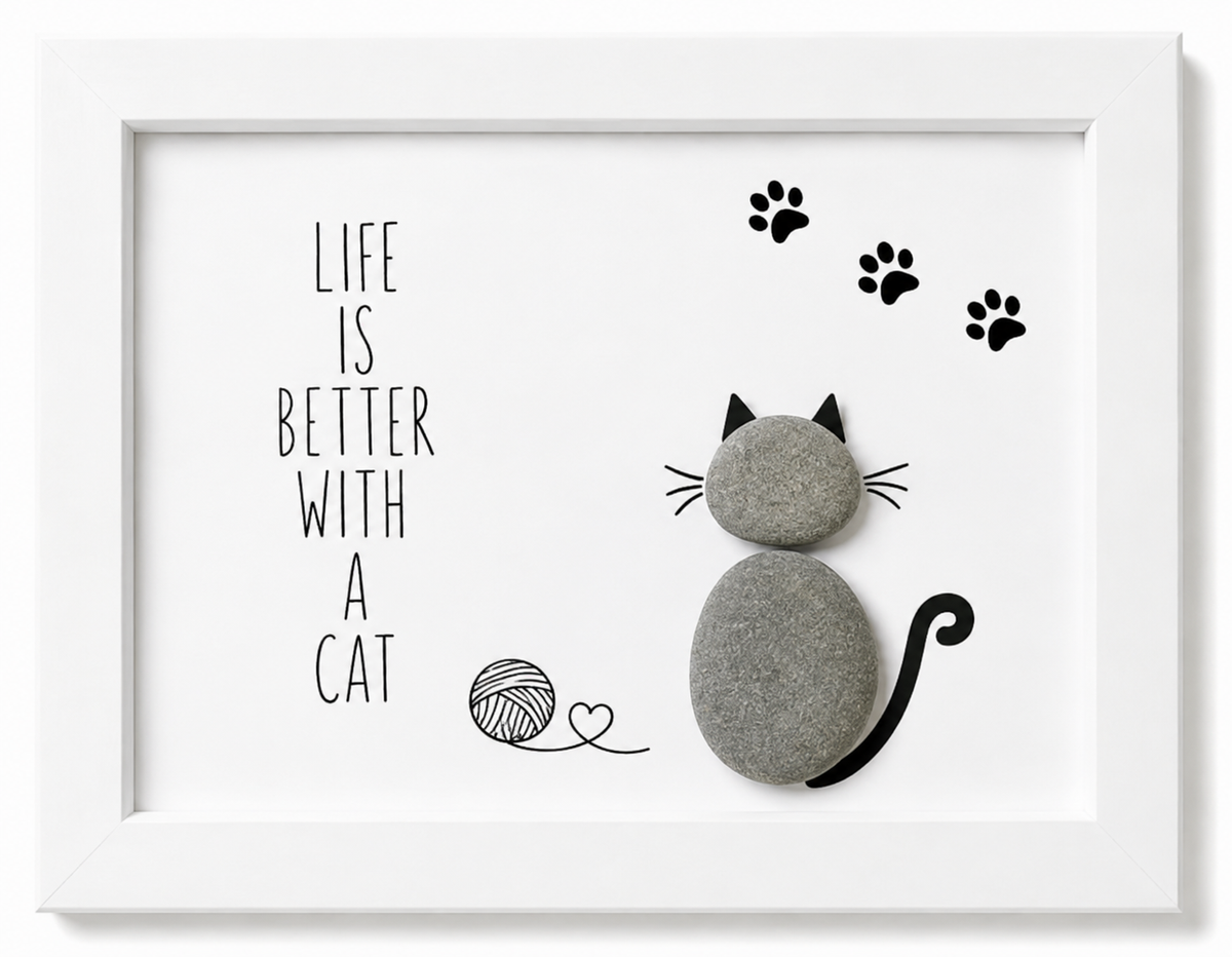 Kieselsteinbild Life is better with a cat, Geschenk für Katzenliebhaber, handgemachtes Steinbild