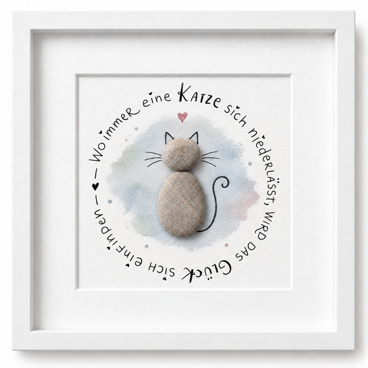 Kieselsteinbild Wo immer eine Katze sich niederlässt, wird das Glück sich einfinden – Geschenk für Katzenliebhaber, handgemachtes Steinbild