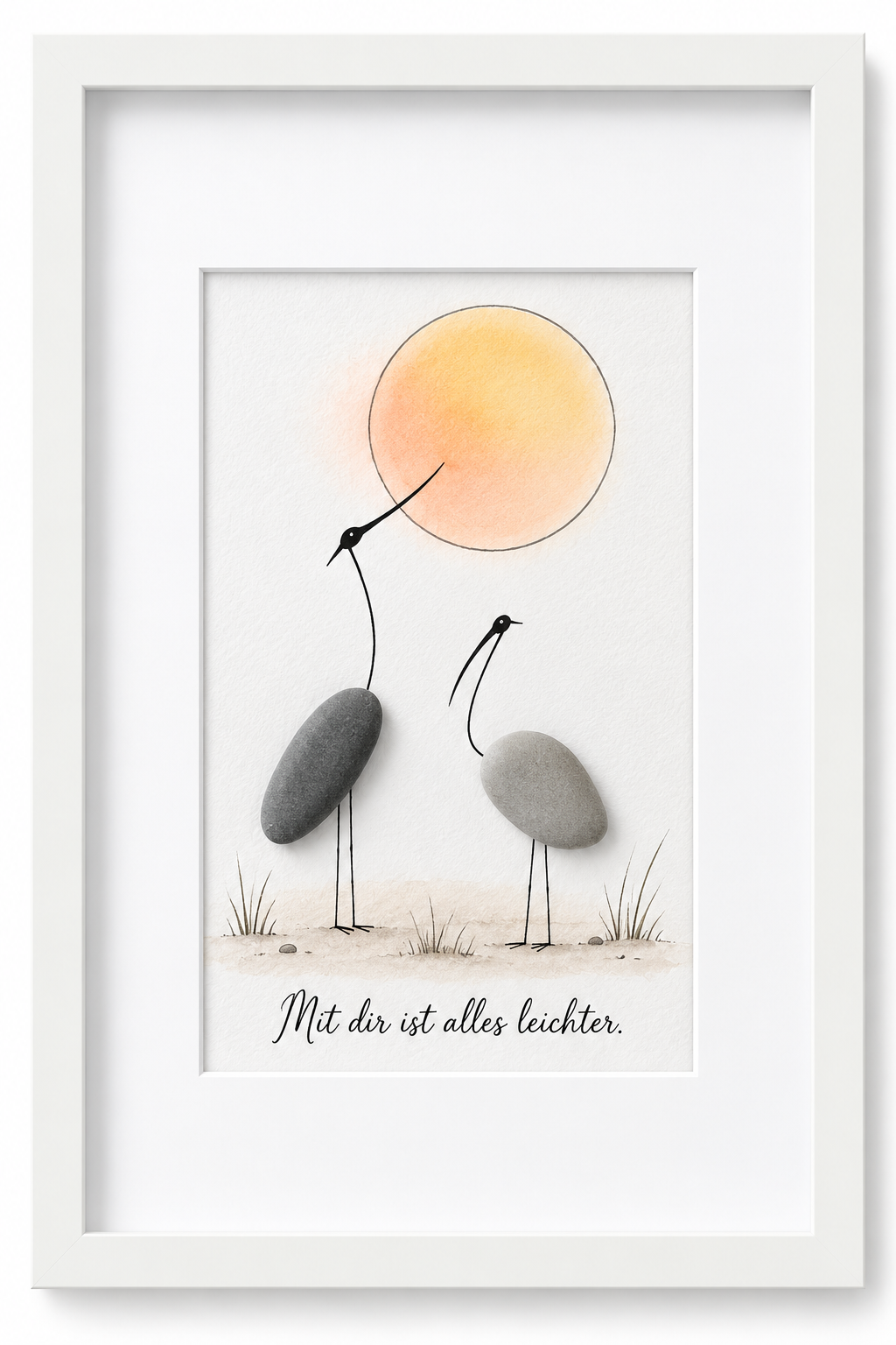 Kieselsteinbild Mit dir ist alles leichter – Kranich-Motiv, handgemachtes Steinbild