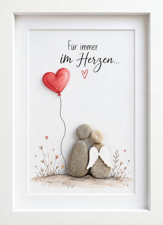 Kieselsteinbild Steinfigur mit Engelsflügeln „Für immer im Herzen.“ – Trauergeschenk, handgemachtes Steinbild
