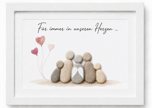 Kieselsteinbild Familie mit Engelsflügeln und Herzballons „Für immer in unseren Herzen" – Trauergeschenk, handgemachtes Steinbild