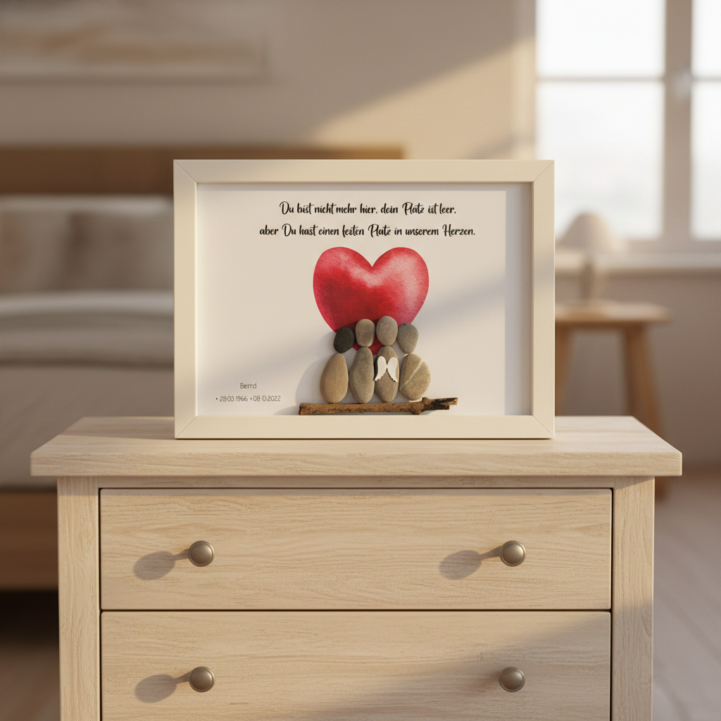 Steinbild Du bist nicht mehr hier gerahmt im Wohnzimmer – handgemachtes Trauergeschenk als Andenken.