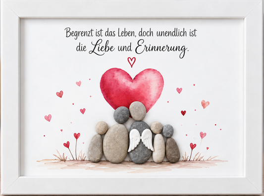 Kieselsteinbild Familie mit Engelsfigur und Herz „Begrenzt ist das Leben, doch unendlich ist die Liebe und Erinnerung" – Trauergeschenk, handgemachtes Steinbild