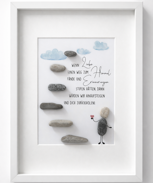Kieselsteinbild Steinfigur mit Brief und Herzballon „Wenn Liebe einen Weg zum Himmel fände, würden wir uns jeden Tag schreiben.“ – Trauergeschenk, handgemachtes Steinbild