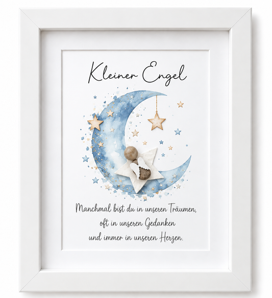 Kieselsteinbild Steinfigur mit Engelsflügeln „Kleiner Engel – du bist in unseren Träumen.“ – Trauergeschenk, handgemachtes Steinbild