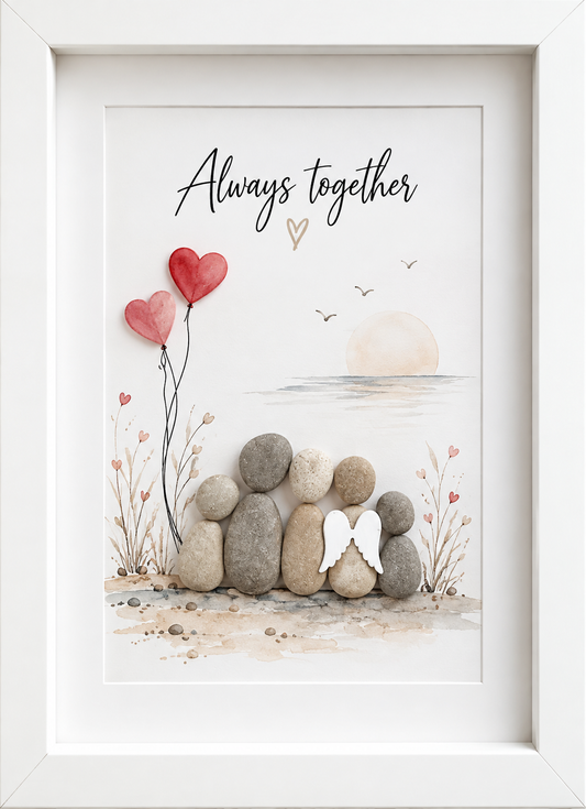 Kieselsteinbild Paar-Steinfiguren mit Engelsflügeln „Always together.“ – Trauergeschenk, handgemachtes Steinbild
