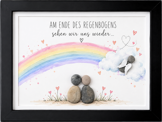 Kieselsteinbild Paar mit Regenbogen und Engelswolke „Am Ende des Regenbogens sehen wir uns wieder" – Trauergeschenk, handgemachtes Steinbild