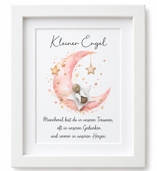 Kieselsteinbild Steinfigur mit Engelsflügeln „Kleiner Engel – du bist in unseren Träumen.“ – Trauergeschenk, handgemachtes Steinbild