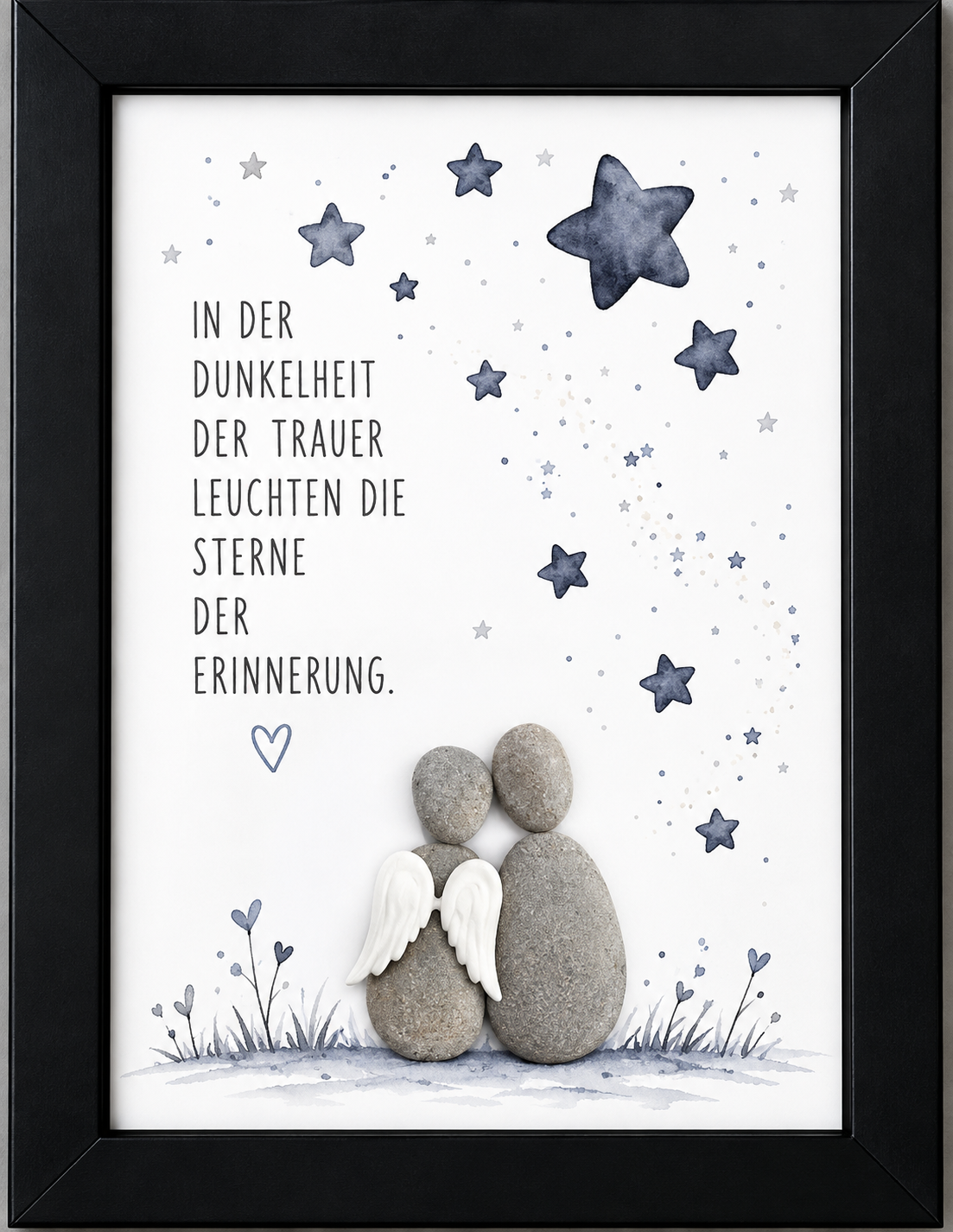 Kieselsteinbild Paar mit Engelsflügeln und Sternenhimmel „In der Dunkelheit der Trauer leuchten die Sterne der Erinnerung" – Trauergeschenk, handgemachtes Steinbild