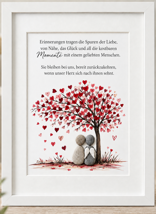 Kieselsteinbild Paar mit Engelsflügeln unter Herzbaum „Erinnerungen tragen die Spuren der Liebe" – Trauergeschenk, handgemachtes Steinbild