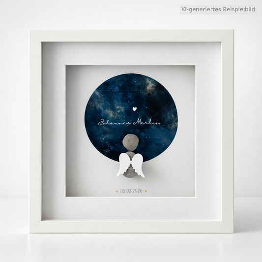 Kieselsteinbild Sternenkind-Motiv vor Nachthimmel „Du bist ein Stern, der nie verlischt.“ – Trauergeschenk Sternenkind, handgemachtes Steinbild