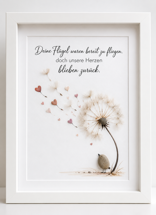 Kieselsteinbild Steinfigur mit Engelsflügeln „Deine Flügel waren bereit zu fliegen, doch unsere Herzen blieben zurück.“ – Trauergeschenk, handgemachtes Steinbild