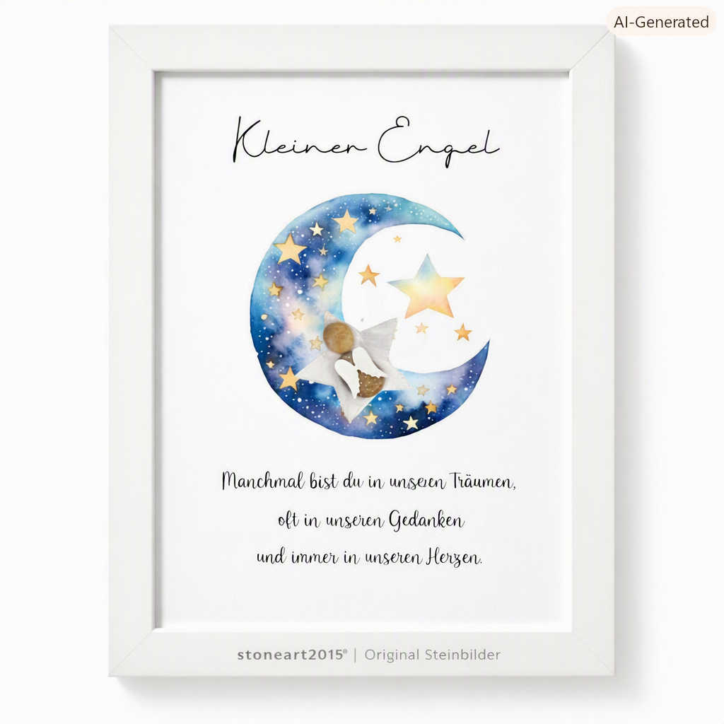 Kieselsteinbild Engel auf Mondsichel vor Sternenhimmel „Kleiner Engel – Manchmal bist du in unseren Träumen, oft in unseren Gedanken und immer in unseren Herzen.“ – Trauergeschenk, handgemachtes Steinbild