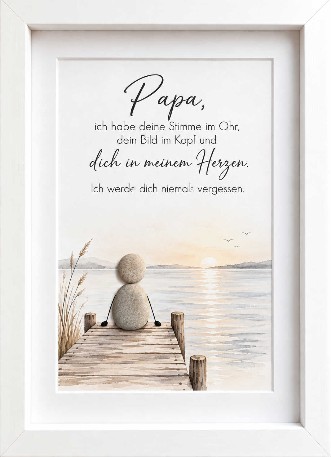 Kieselsteinbild Steinfigur auf Steg am See bei Sonnenuntergang „Papa, ich habe deine Stimme im Ohr, dein Bild im Kopf und dich in meinem Herzen.“ – Trauergeschenk, handgemachtes Steinbild