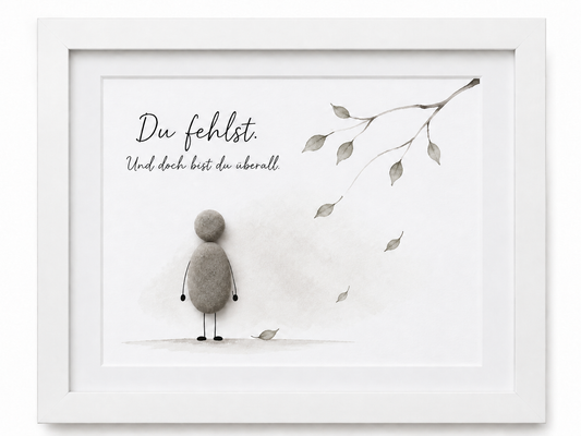 Kieselsteinbild Steinfigur unter fallenden Herbstblättern „Du fehlst. Und doch bist du überall.“ – Trauergeschenk, handgemachtes Steinbild